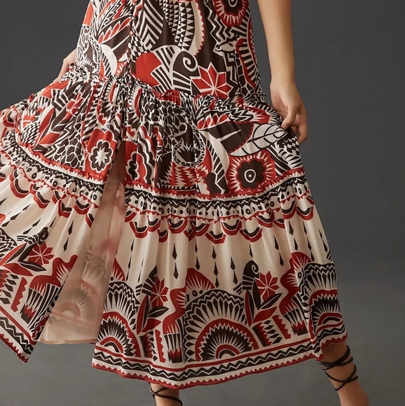 Anthropologie Tired Geometric Print Short Sleeve V Neck Maxi Dress Women's Sz LP - Picture 3 of 16